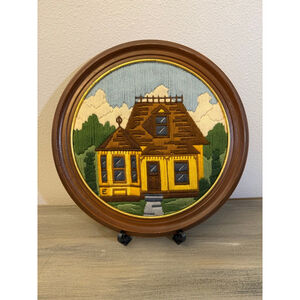 Vintage Crewel Embroidery Art “Creative Circle” Line, Professionally Framed 14”